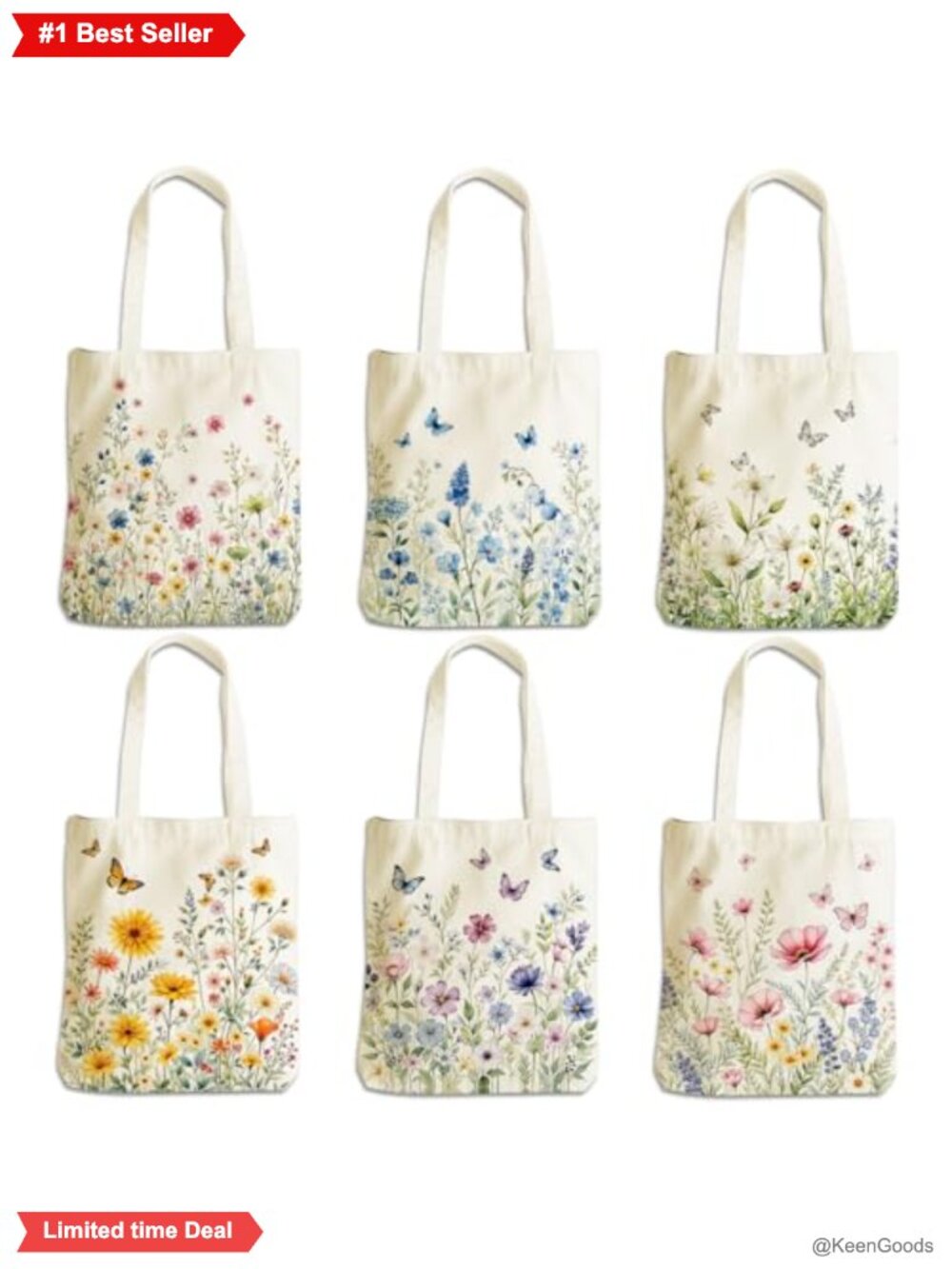 Canvas Tote Bag Set 6 Pack Reusable Grocery Bags w Inner Zip Pocket